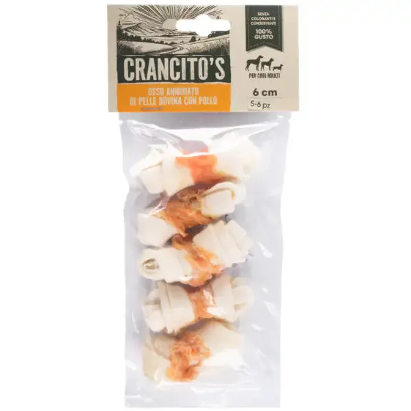 Crancito's Snack naturale per Cani Adulti Osso Annodato di pelle bovina con pollo 5/6 pezzi 6 cm (scadenza: 31/03/2027)