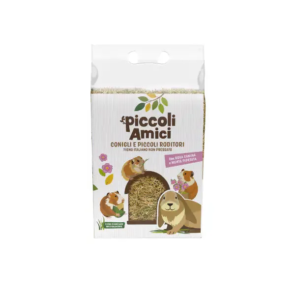 Piccoli Amici Fieno per conigli e piccoli roditori non pressato 500 gr con Rosa canina e menta - Mangime per conigli