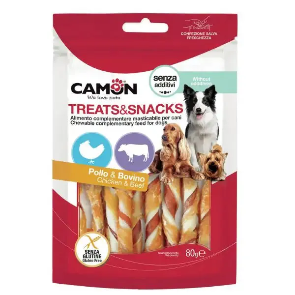 Camon Treats e Snacks per cani Rolls bicolore di pelle bovina e suina con pollo - 80 gr