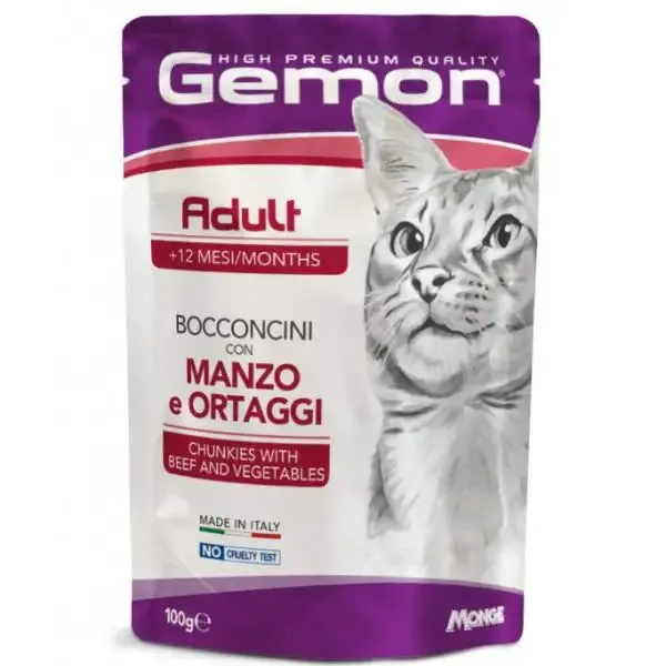 Monge Gemon Cat Adult Bocconcini 100 gr Manzo e ortaggi - confezione da 24 pezzi - Cibo umido per gatti