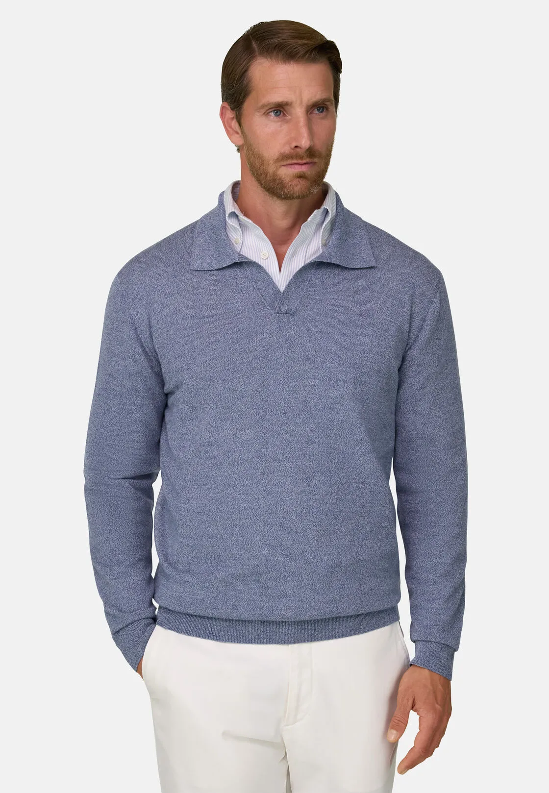 Boggi, Polo Di Maglia In Lana Merino Cashwool® Mouliné, Uomo, Azzurro, Taglia: XL
