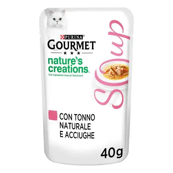 Purina Gourmet Nature's Creations Soup Umido gatto 40 gr Tonno e acciughe - confezione da 32 pezzi - Cibo umido per gatti