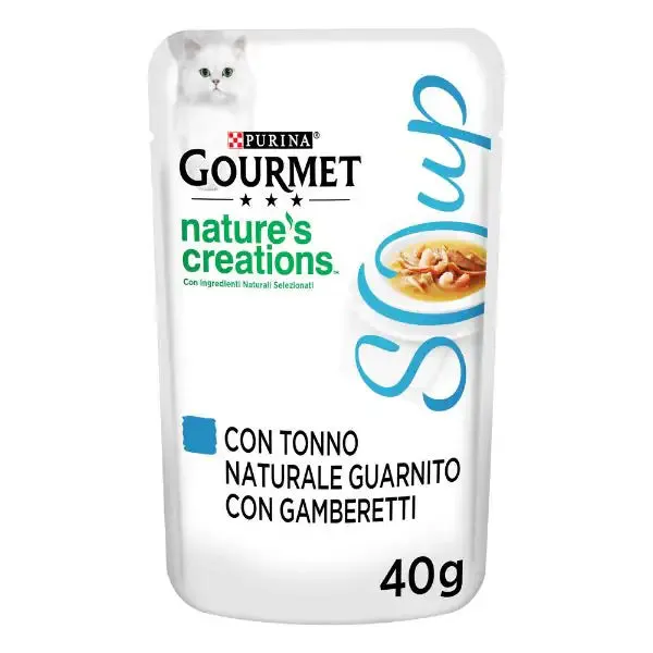 Purina Gourmet Nature's Creations Soup Umido gatto 40 gr Tonno e gamberetti - confezione da 32 pezzi - Cibo umido per gatti