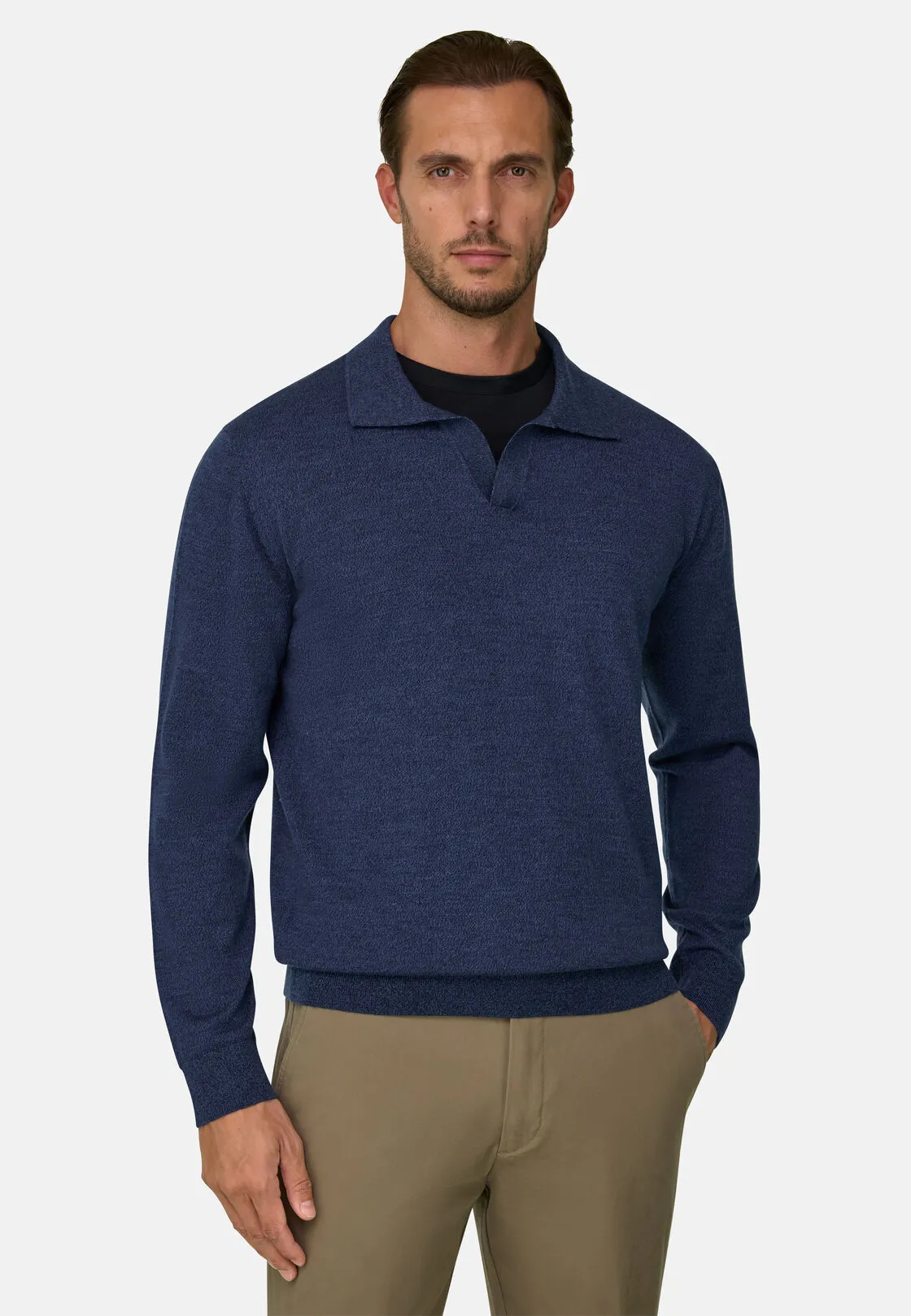 Boggi, Polo Di Maglia In Lana Merino Cashwool® Mouliné, Uomo, Indaco, Taglia: M