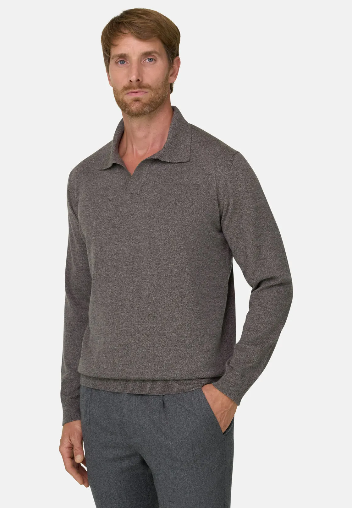 Boggi, Polo Di Maglia In Lana Merino Cashwool® Mouliné, Uomo, Taupe, Taglia: L