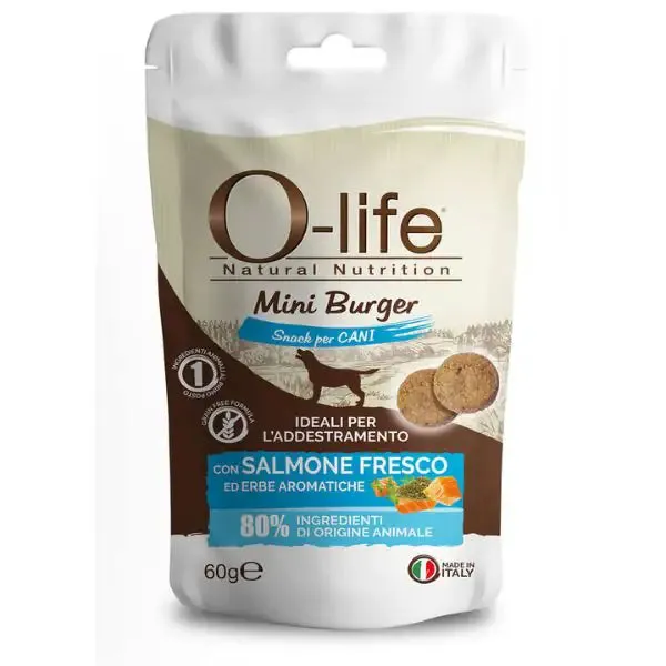 O-life Adult Mini Burger Grain Free Snack per cani 60 gr Salmone ed erbe aromatiche
