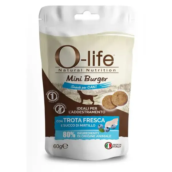 O-life Adult Mini Burger Grain Free Snack per cani 60 gr Trota e mirtilli