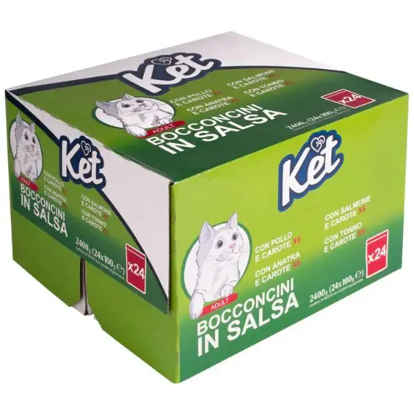 Ket Adult Bocconcini in salsa multipack 24x100 gr 6x Pollo 6x Anatra 6x Salmone 6x Tonno