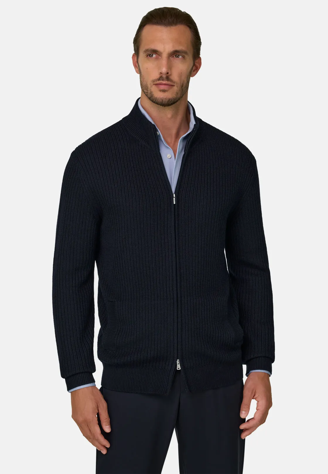 Boggi, Maglia Full Zip In Lana Merino, Uomo, Navy, Taglia: S