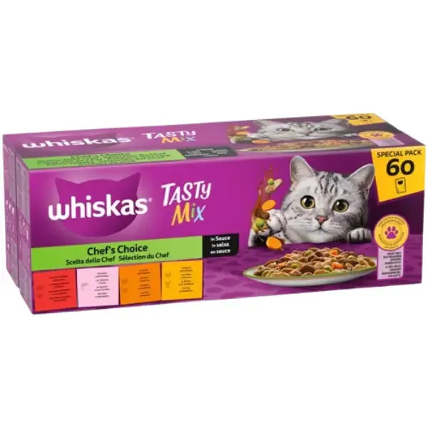 Whiskas Selezione Tasty Mix Multipack 60x85 gr 20x Manzo 20x Pollo 20x Tacchino 20x Salmone