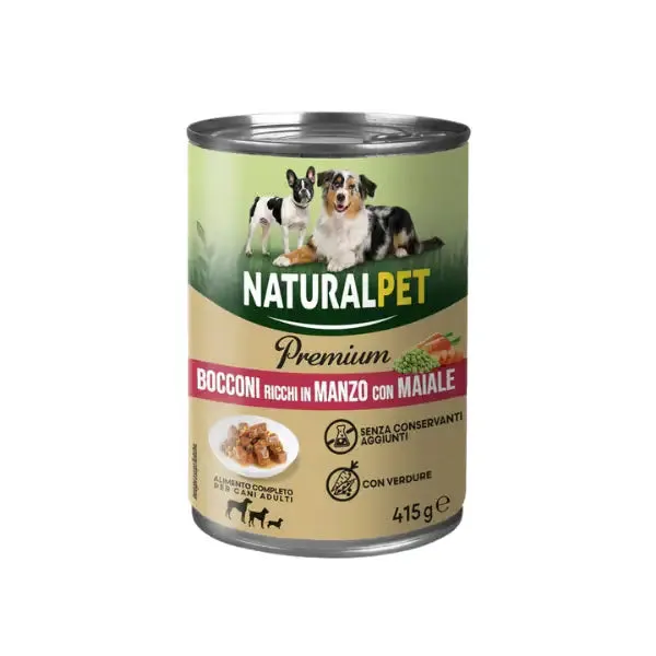 NaturalPet Premium Dog Adult All Breeds Bocconcini 415 gr Maiale e manzo