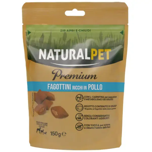 NaturalPet Premium Dog Adult All Breeds Fagottini snack funzionali 150 gr Pollo - Low Fat: Controllo dei grassi
