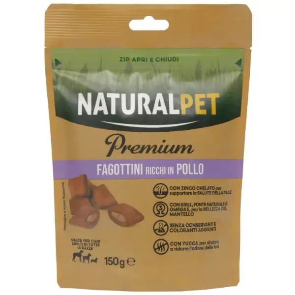 NaturalPet Premium Dog Adult All Breeds Fagottini snack funzionali 150 gr Pollo - Salute della pelle