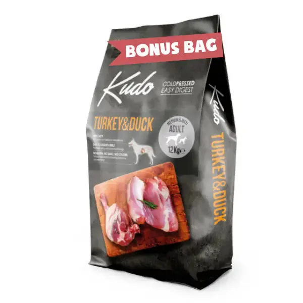 Kudo Low Grain Adult Medium/Maxi Tacchino e Anatra 12+2 kg - Croccantini per cani