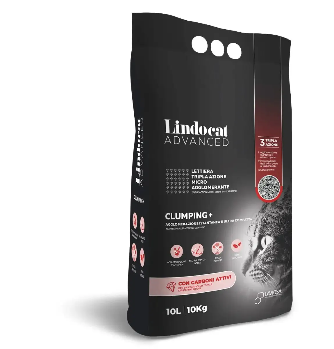 Lindocat Clumping Plus lettiera micro-agglomerante in bentonite naturale Tripla azione 10 lt (10 kg) Carboni attivi - Lettiera agglomerante