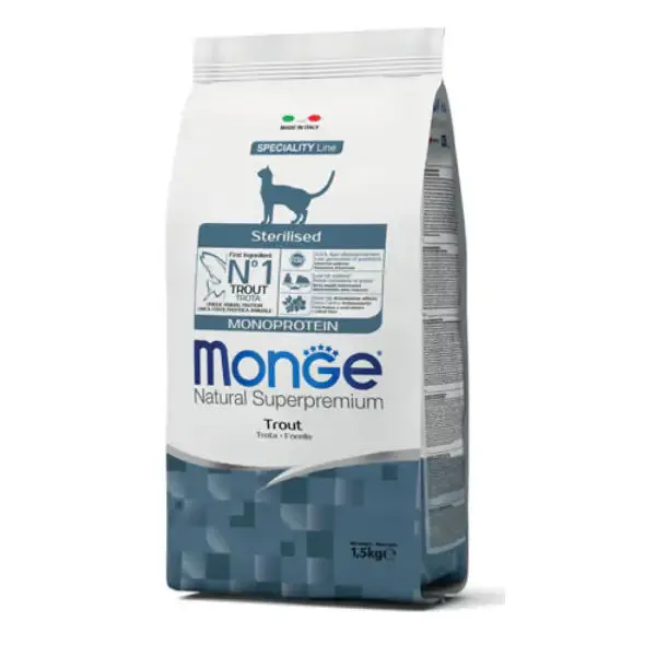 Monge Natural Superpremium Sterilised Monoprotein con Trota 10 kg - Cibo monoproteico gatto