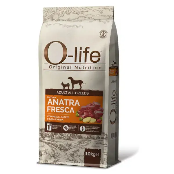 O-life Dog Adult All Breeds Grain Free Anatra e piselli 10 kg - Croccantini per cani