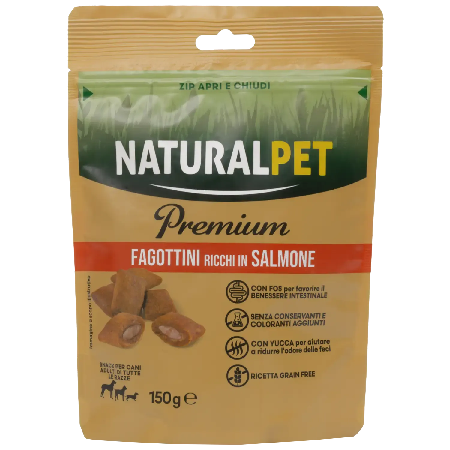 NaturalPet Premium Dog Adult All Breeds Fagottini snack funzionali 150 gr Salmone - benessere intestinale