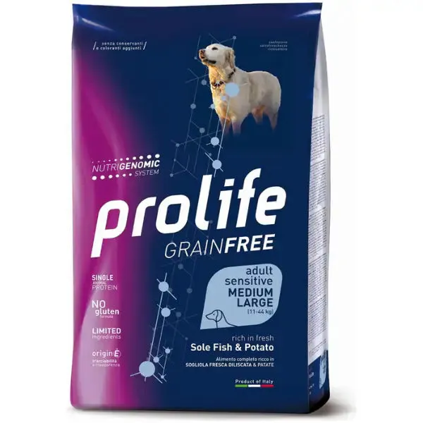 Prolife Grain Free Cane Adult Sensitive Medium/Large Sogliola e Patate 10 kg - Crocchette monoproteiche cane