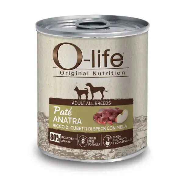 O-life Adult Grain Free Patè 400 gr Anatra con cubetti di speck e mela - Cibo umido per cani