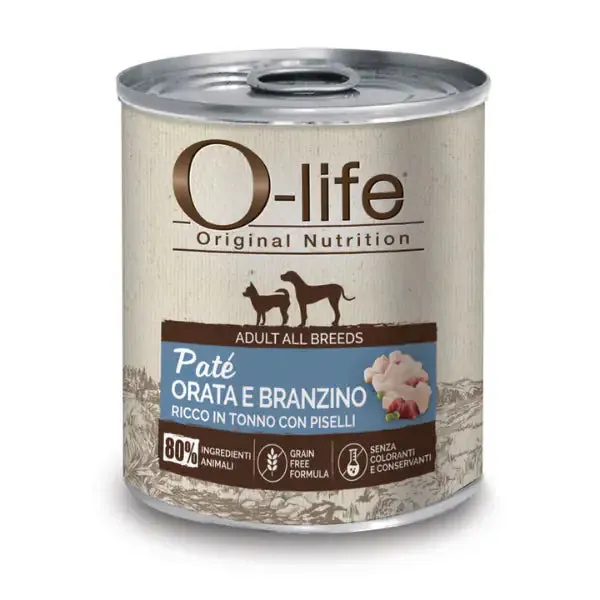 O-life Adult Grain Free Patè 400 gr Orata e branzino con tonno e piselli - Cibo umido per cani