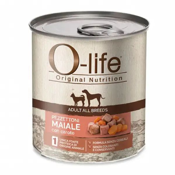 O-life Dog Adult Grain Free Pezzettoni monoproteici 400 gr Maiale e carote - Umido monoproteico cane