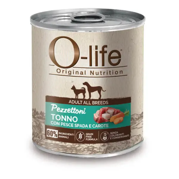 O-life Dog Adult Grain Free Pezzettoni monoproteici 400 gr Tonno con pesce spada e carote - Umido monoproteico cane