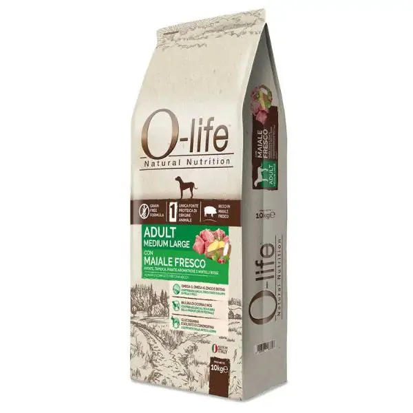 O-life Dog Grain Free Adult Medium/Large Maiale fresco e Patate 10 kg - Croccantini per cani