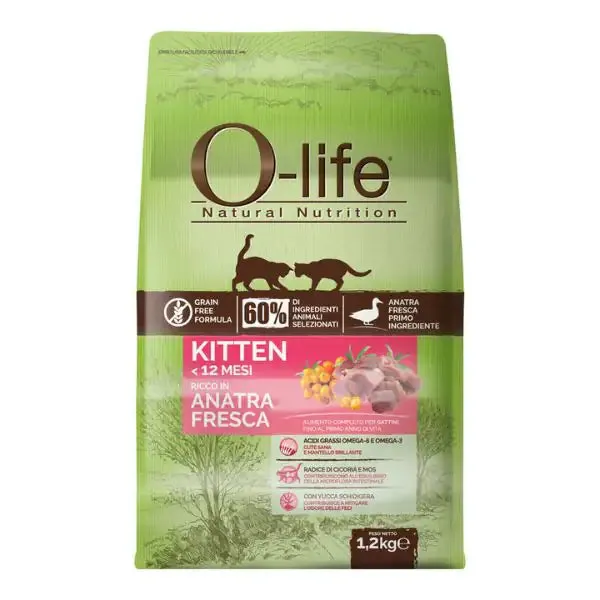 O-life Kitten Grain Free Anatra fresca 1,2 kg - Croccantini per gatti