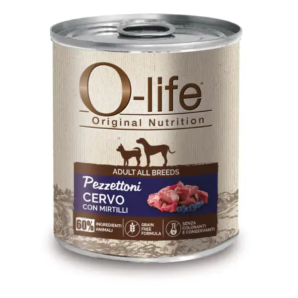 O-life Dog Adult Grain Free Pezzettoni monoproteici 400 gr Cervo e mirtilli - Umido monoproteico cane