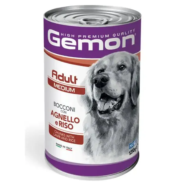 Monge Gemon Dog Bocconi Adult Medium 1,25 kg Agnello e Riso - confezione da 6 pezzi - Cibo umido per cani