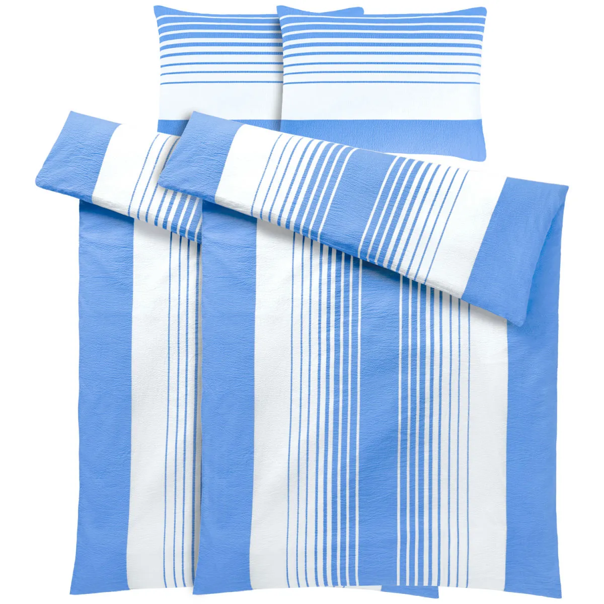 2x PULSIVA Set copripiumino e federa Memphis Seersucker; 135x200 cm (LxL), 80x80 cm (LxL); blu/bianco; 2 set / Pacco