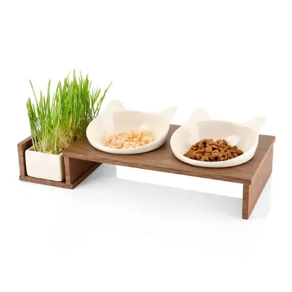 Ciotola doppia per gatti con ceramica per erba gatta FoodBar Cat Diner CanadianCat Legno naturale 40,5x18,5x10,5 cm