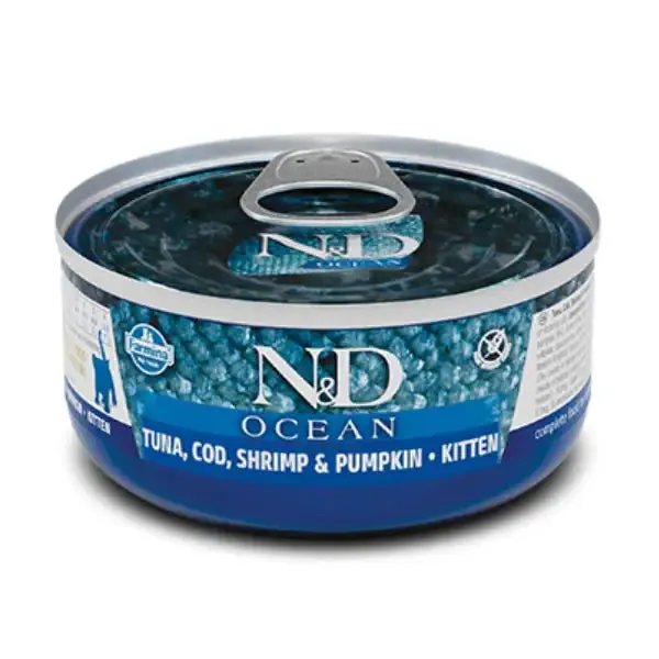 Farmina N&D Ocean Feline Umido 70 gr Merluzzo, gamberetti, tonno e zucca (Kitten) - confezione da 30 pezzi - Cibo umido per gatti