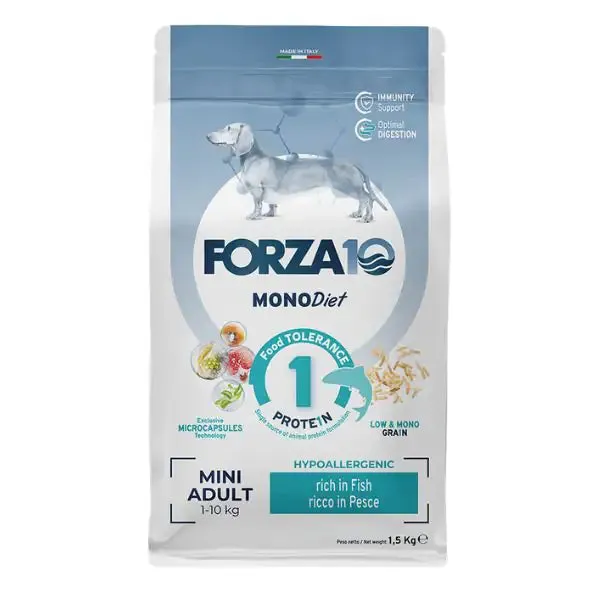 Forza10 MonoDiet Mini Adult Low Grain Hypoallergenic Pesce 1,5 kg - Crocchette monoproteiche cane