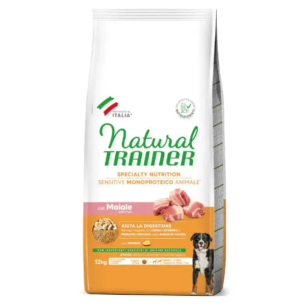 Natural Trainer Speciality Nutrition Sensitive Monoproteico Medium&Maxi Adult con Maiale e cereali integrali 12 kg - Crocchette monoproteiche cane