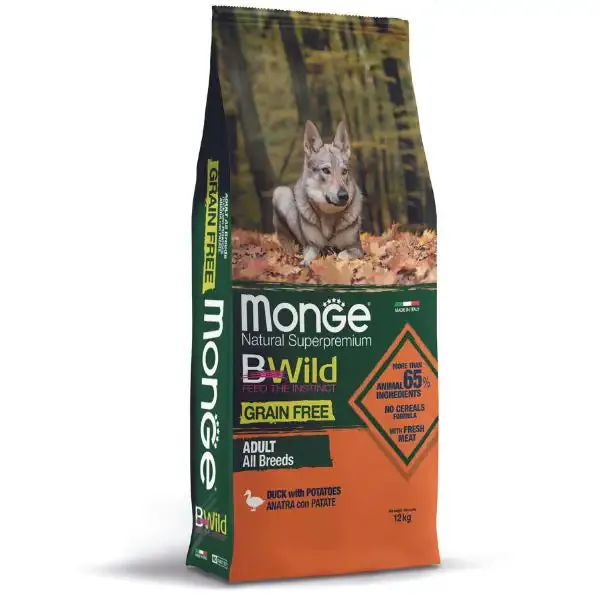 Monge BWild Grain Free Adult All Breeds Anatra e Patate 12 kg - Croccantini per cani