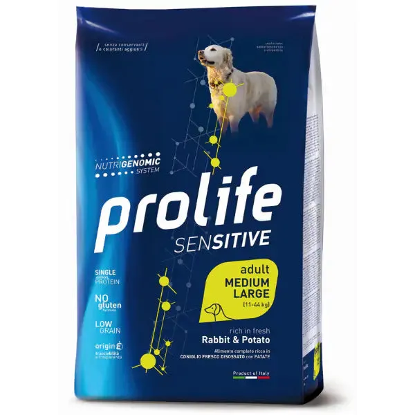 Prolife Sensitive Cane Adult Medium/Large Coniglio e Patate 10 kg - Crocchette monoproteiche cane