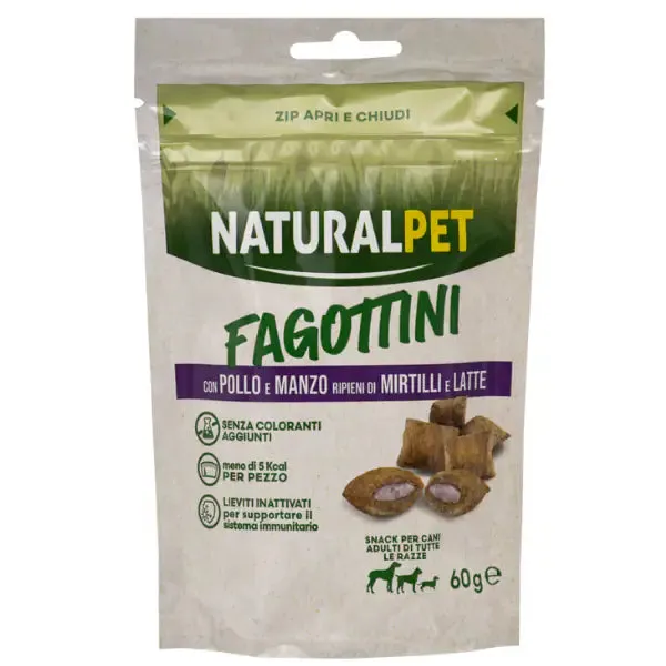 NaturalPet Fagottini ripieni Dog Adult 60 gr Pollo e manzo ripieno di mirtilli e latte