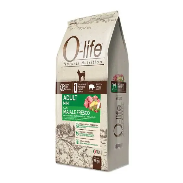 O-life Dog Grain Free Adult Mini Maiale fresco e Patate 7 kg - Croccantini per cani