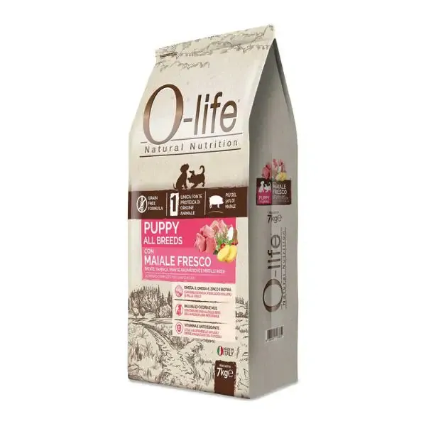 O-life Dog Grain Free Puppy All Breeds Maiale fresco e Patate 7 kg - Croccantini per cani