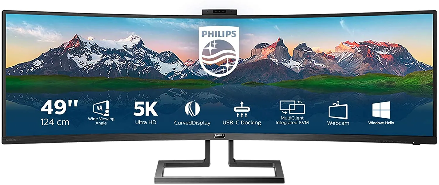 Philips Monitor Curvo 49 LED Va Superwide 32:9 5120x1440 5MS 450cdm, Hdmi/DP/USB, Webcam, Docking Station Usb-C, Multimediale 499p9h