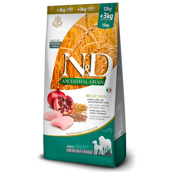 Farmina N&D Ancestral Grain Adult Selection Medium/Maxi Pollo, avena e melograno 12+3 kg - Croccantini per cani