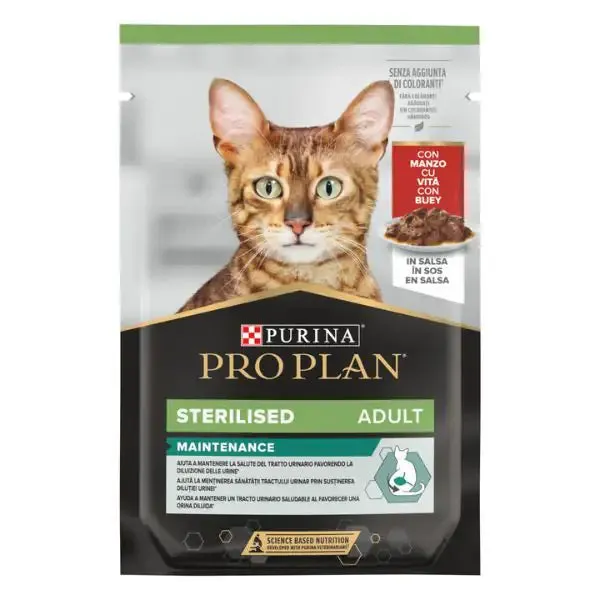 Purina Pro Plan Cat Adult Sterilised Maintenance Umido in salsa 85 g Manzo - confezione da 26 pezzi - Cibo umido per gatti