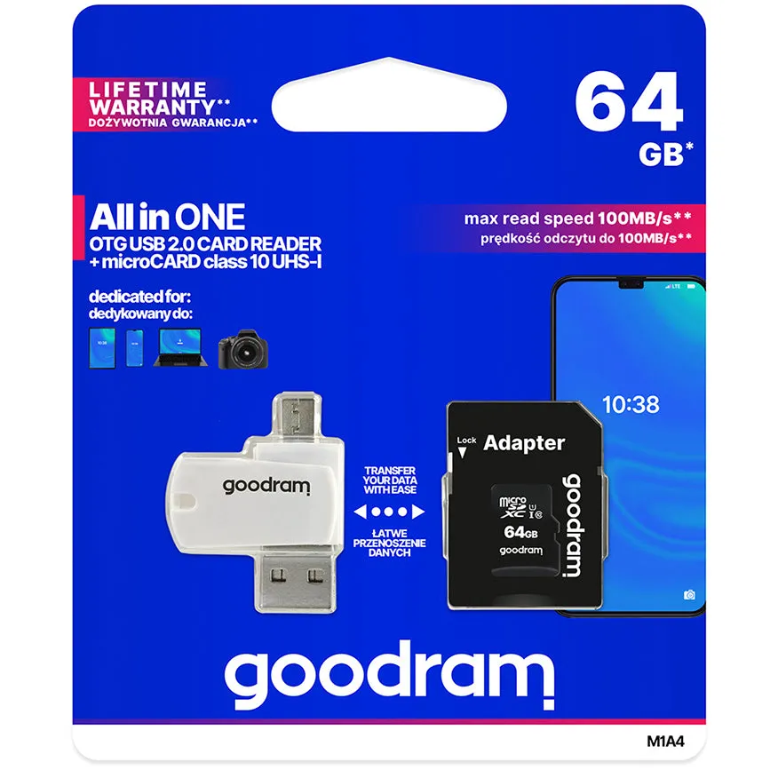 Scheda di memoria microSDXC GoodRam, 64Gb, Classe 10 / UHS-1 U1, con lettore di schede e adattatore M1A4-0640R12