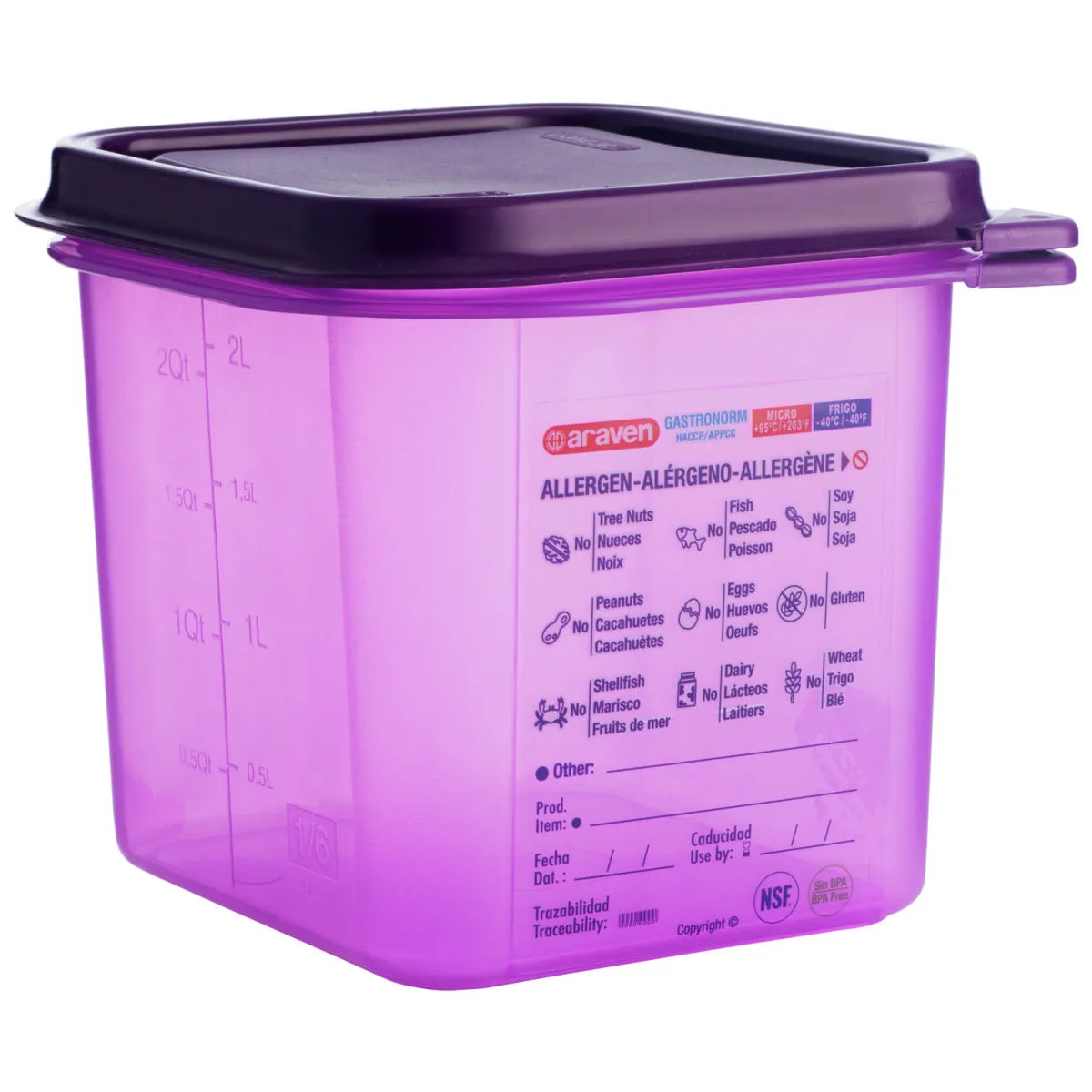 Araven Contenitori Gastronorm per alimenti senza allergeni; GN 1/6, 2.6 l, 17.6x16.2x15 cm (LxLxP); violetto
