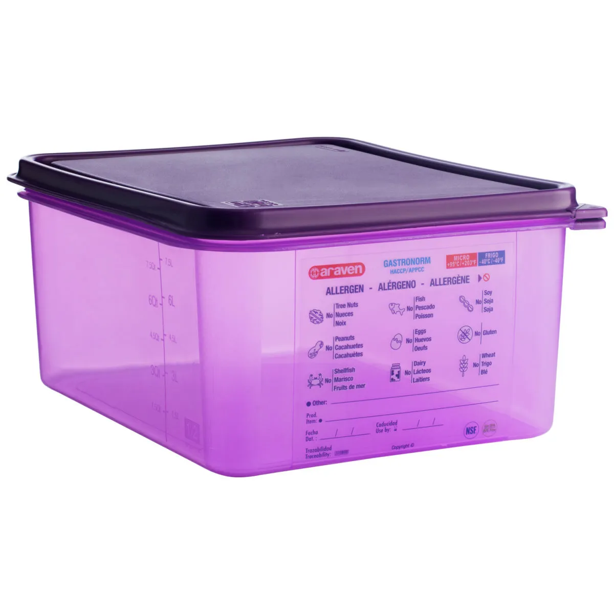 Araven Contenitori Gastronorm per alimenti senza allergeni; GN 1/2, 10 l, 32.5x26.5x15 cm (LxLxP); violetto