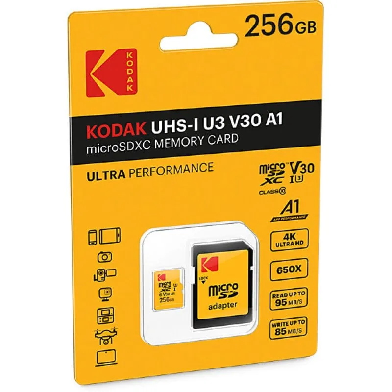 Scheda di memoria Kodak Ultra Perfomance MicroSDXC 256 GB UHS-I U3 V30 A1 con adattatore