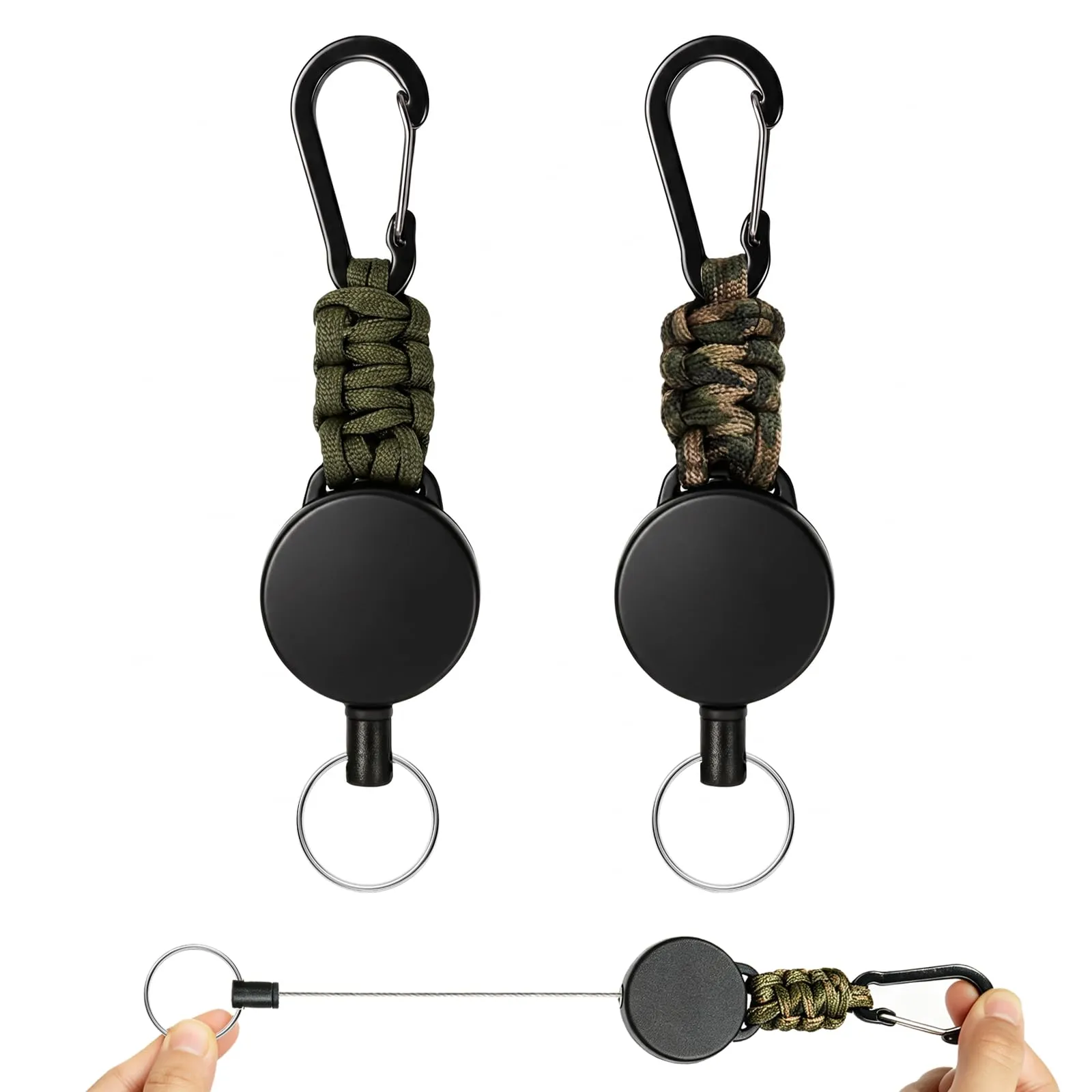 AiQInu 2 pz Portachiavi telescopico con cavo d'acciaio 60cm, resistenza 550lb, corda paracadute, moschettone per badge, chiavi, escursionismo (Kaki + Mimetica)