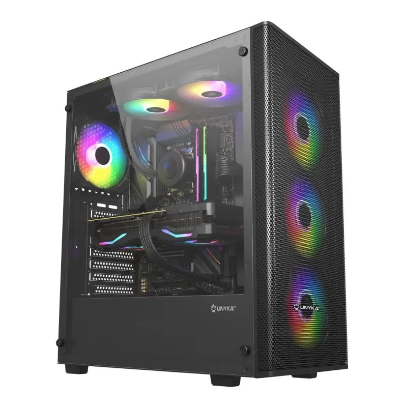 Custodia da gioco UNYkach Mir 100 ATX in vetro temperato laterale e 4 ventole ARGB nere